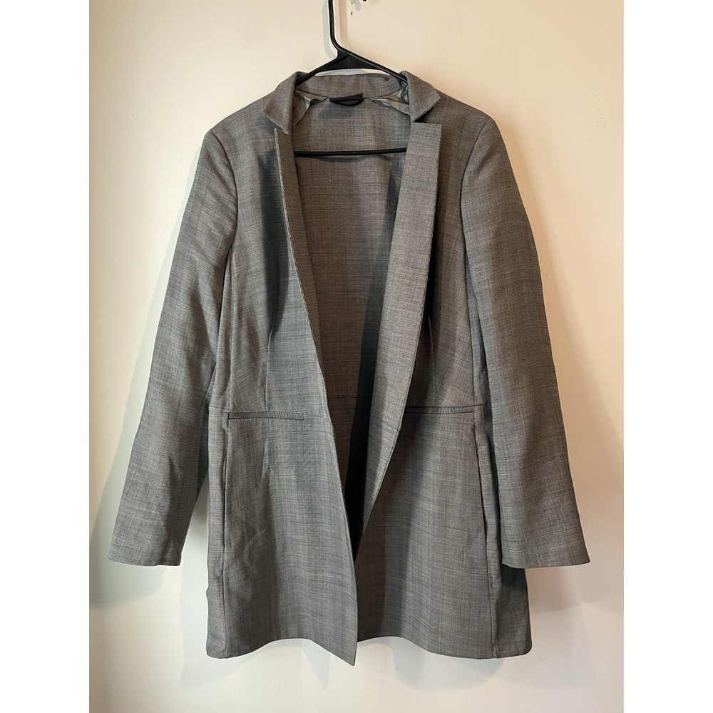 Akris Wool Silk Open Blazer Jacket Size 12 Gray Micro Plaid Long